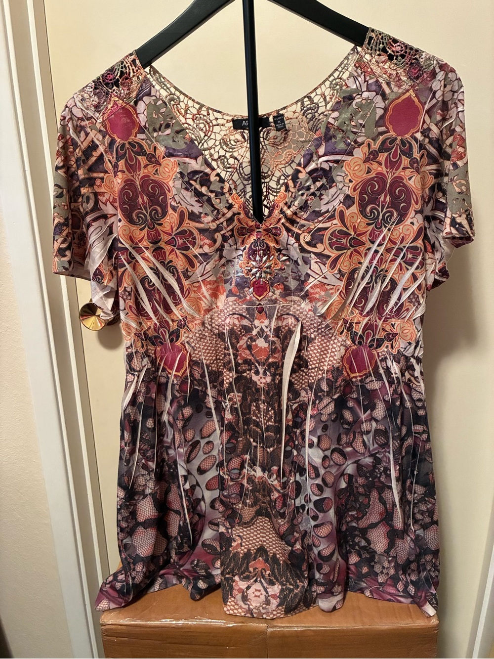 Apt. 9 V-Neck Short Sleeve Mixed Print Top - Purple, Pink, Orange
